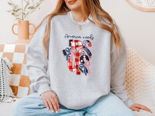 FAUX PATCHWORK AMERICA NEEDS JESUS UNISEX SWEATSHIRT