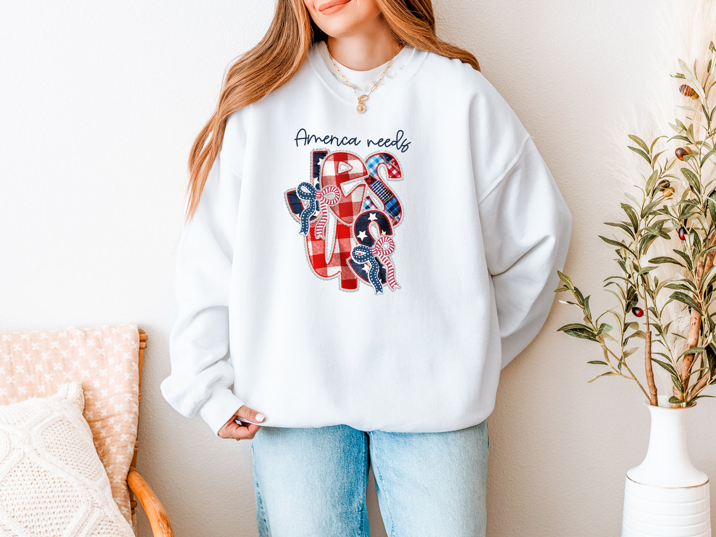 FAUX PATCHWORK AMERICA NEEDS JESUS UNISEX SWEATSHIRT
