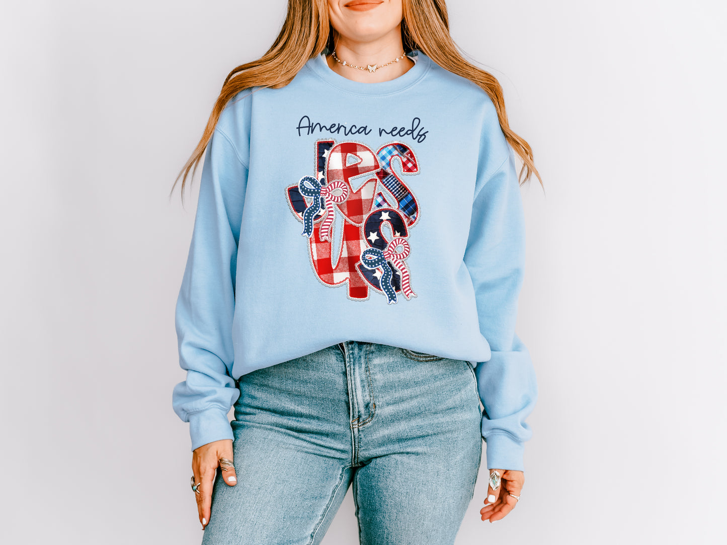 FAUX PATCHWORK AMERICA NEEDS JESUS UNISEX SWEATSHIRT