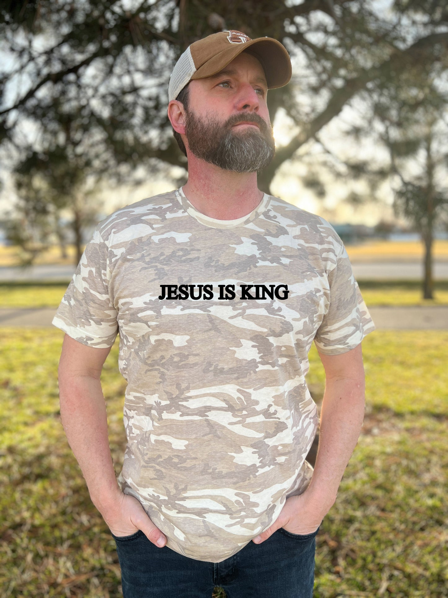 JESUS IS KING UNISEX TEE IN NATURAL CAMO (PUFFY DESIGN)