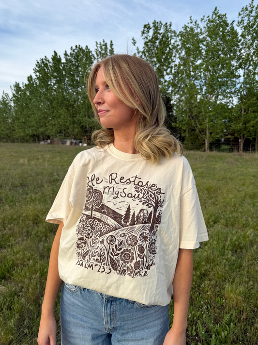 HE RESTORES MY SOUL UNISEX TEE  - SIZE LARGE IN IVORY