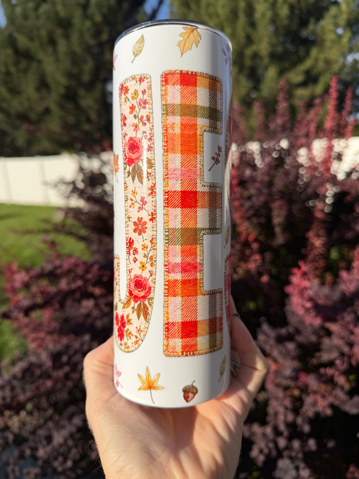 FALL PATCHWORK JESUS 20 OZ. STAINLESS STEEL SKINNY TUMBLER