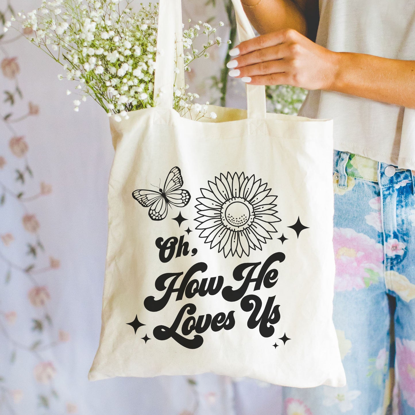 OH HOW HE LOVES US TOTE BAG